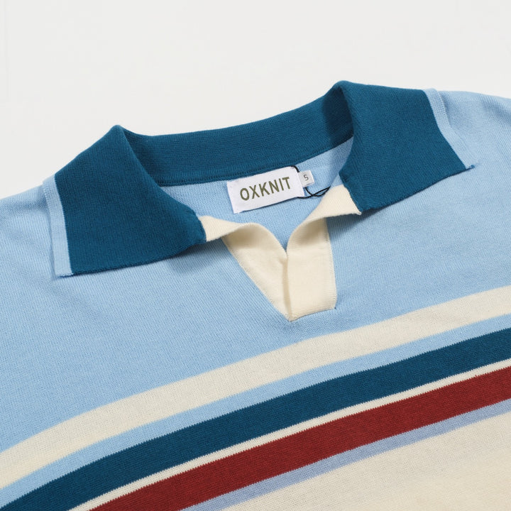 Men's blue striped retro V-neck polo