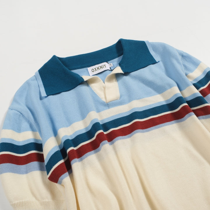 Men's blue striped retro V-neck polo