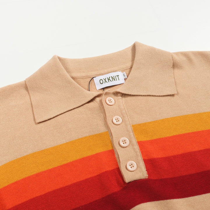 Men's apricot vintage striped knitted polo shirt