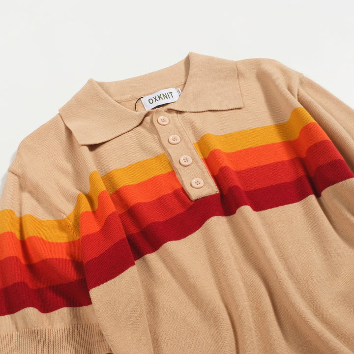Men's apricot vintage striped knitted polo shirt