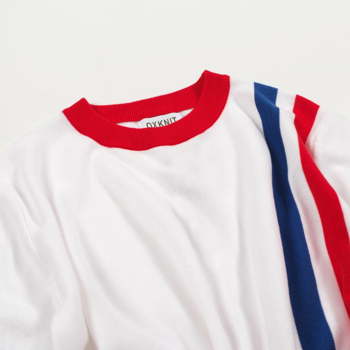 Men's vintage white striped casual knit T-shirt