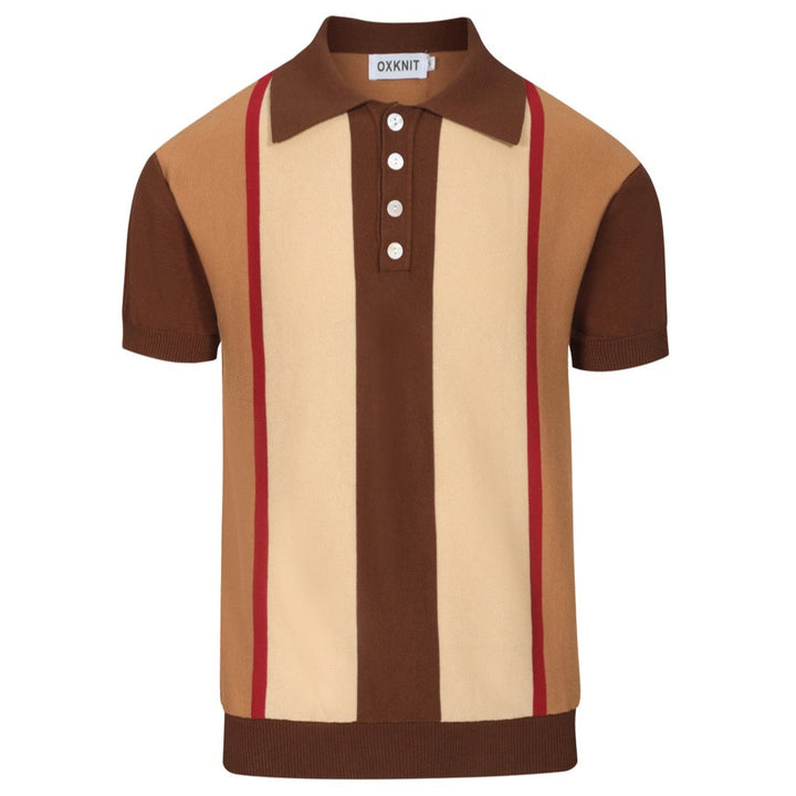 Men's khaki retro 50's knitted polo shirt
