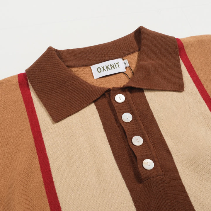 Men's khaki retro 50's knitted polo shirt