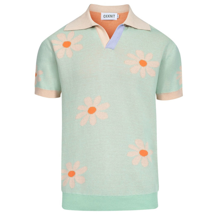Men's green flower vintage knit V-neck polo shirt