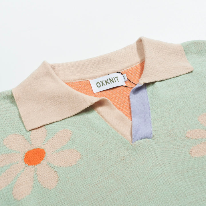 Men's green flower vintage knit V-neck polo shirt