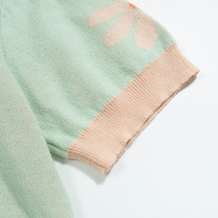 Men's green flower vintage knit V-neck polo shirt