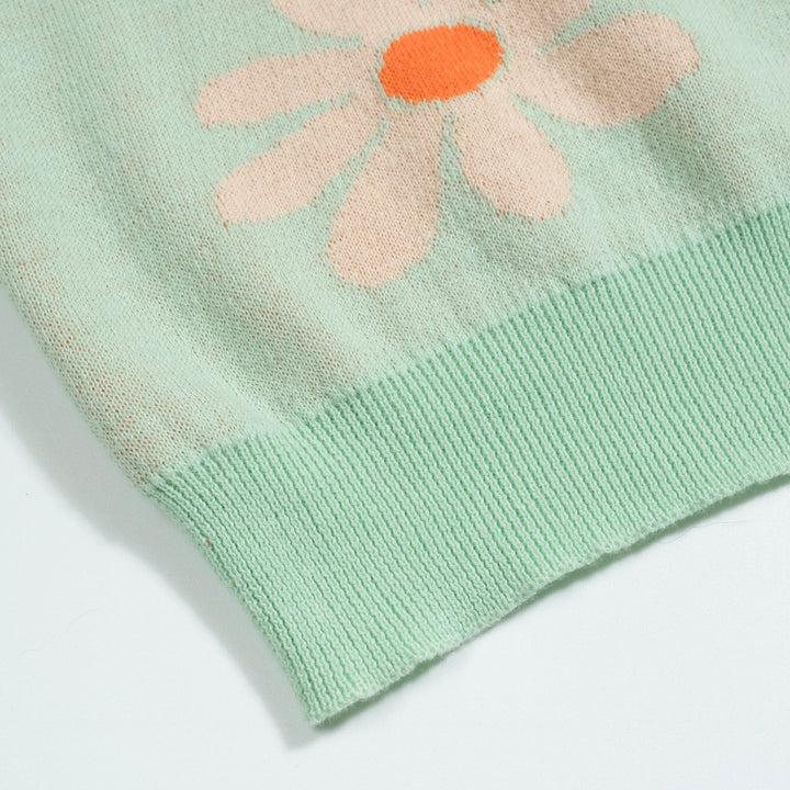 Men's green flower vintage knit V-neck polo shirt