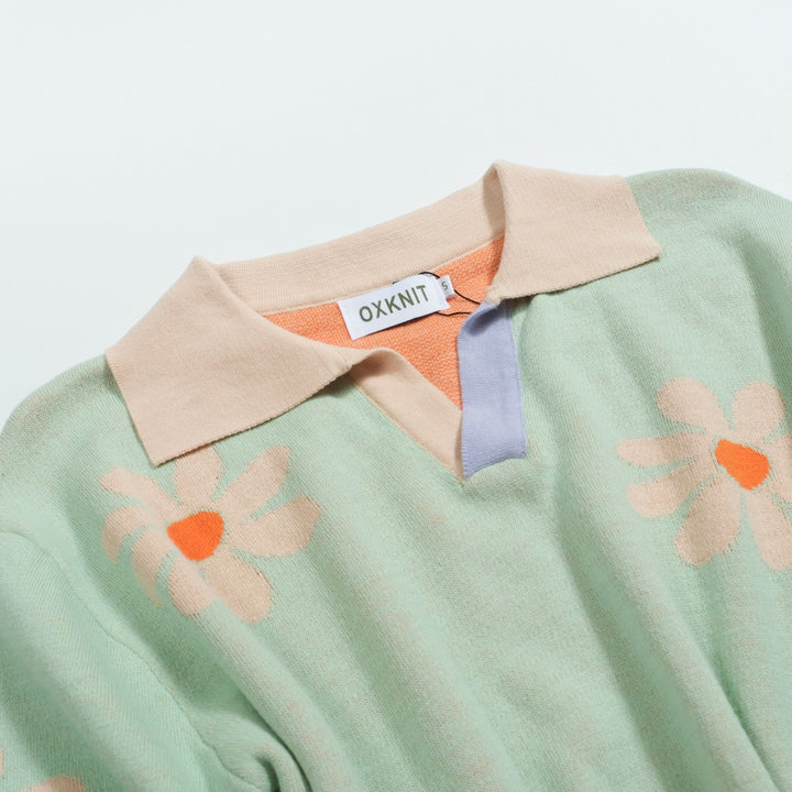 Men's green flower vintage knit V-neck polo shirt