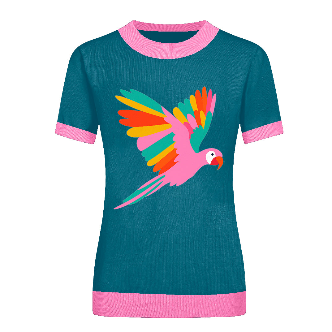 Women's blue Parrot jacquard vintage knit T-shirt