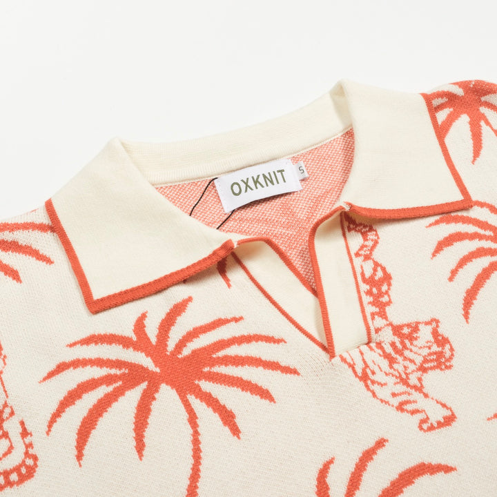 Men's white coconut tree tiger jacquard V-neck knitted polo shirt