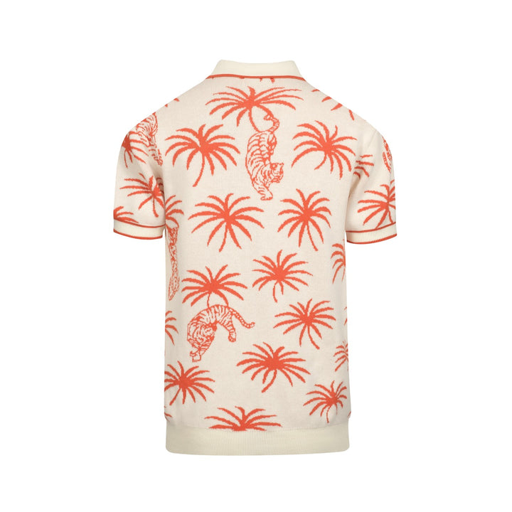 Men's white coconut tree tiger jacquard V-neck knitted polo shirt