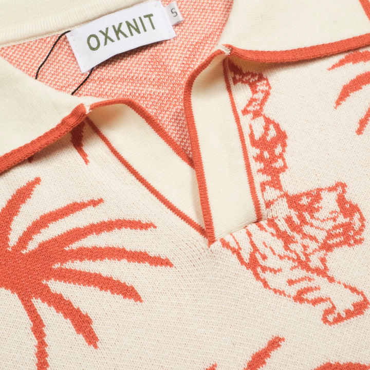 Men's white coconut tree tiger jacquard V-neck knitted polo shirt