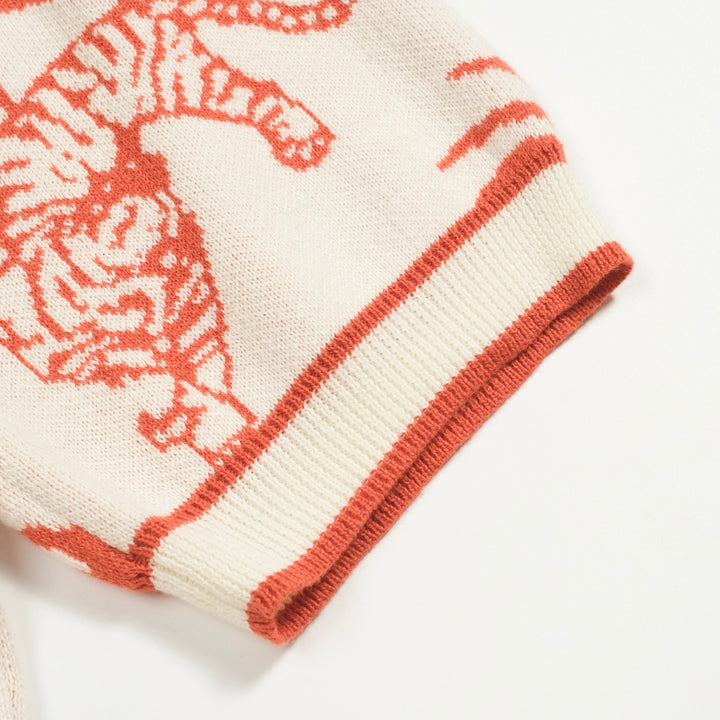 Men's white coconut tree tiger jacquard V-neck knitted polo shirt