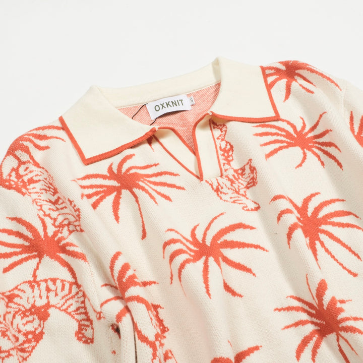 Men's white coconut tree tiger jacquard V-neck knitted polo shirt