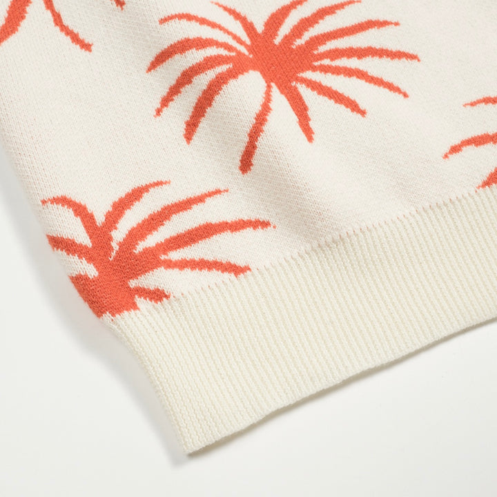 Men's white coconut tree tiger jacquard V-neck knitted polo shirt