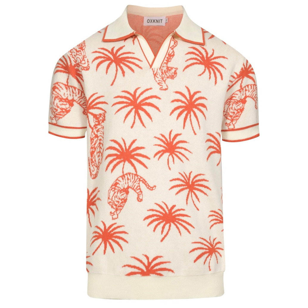 coconut palm tshirt Men's White coconut tree tiger jacquard V-neck knitted polo shirt, White / XL