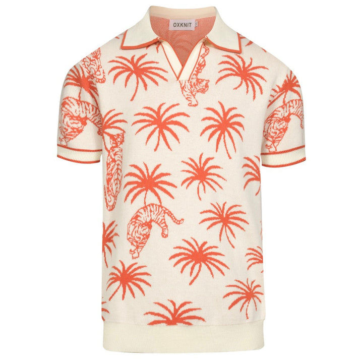 Men's white coconut tree tiger jacquard V-neck knitted polo shirt
