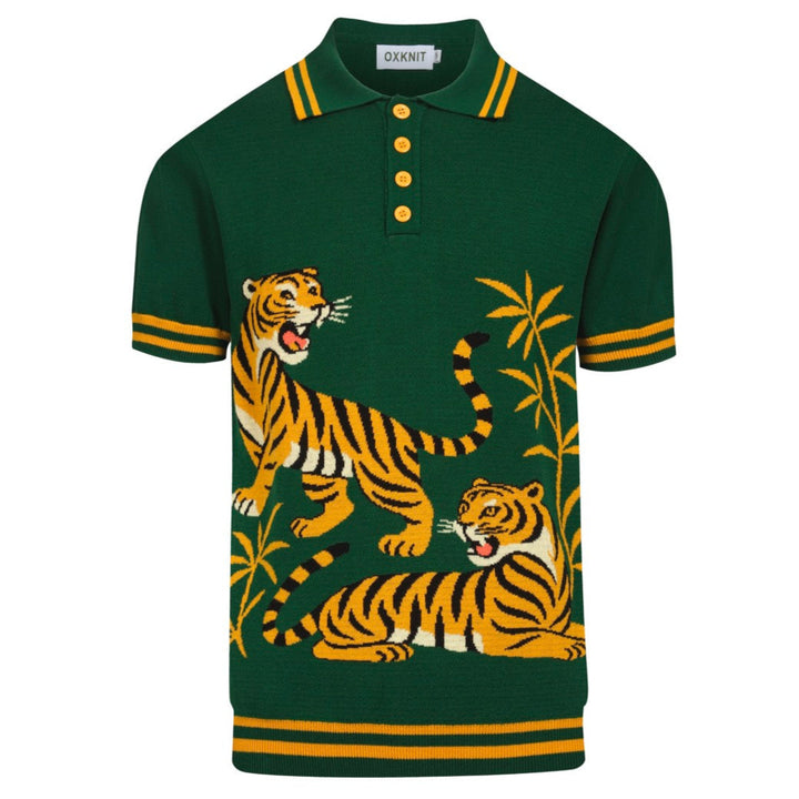 Men's green tiger Jacquard vintage knit polo shirt