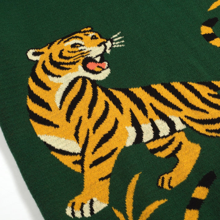 Men's green tiger Jacquard vintage knit polo shirt