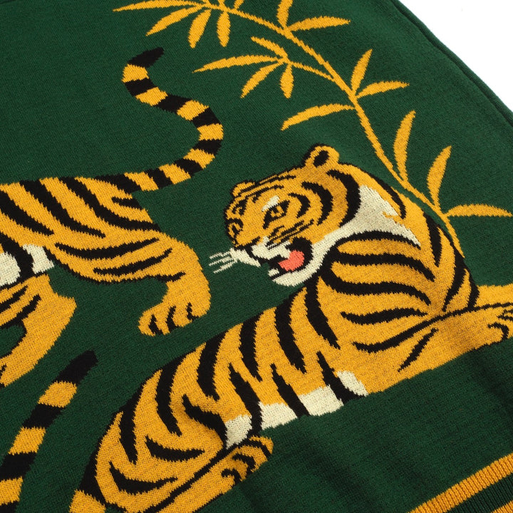 Men's green tiger Jacquard vintage knit polo shirt