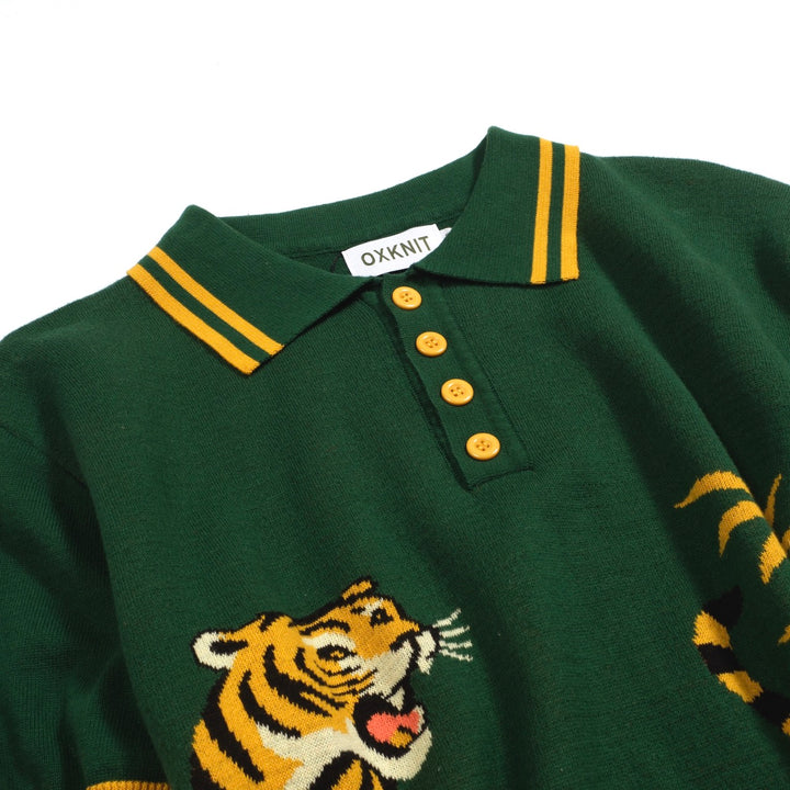 Men's green tiger Jacquard vintage knit polo shirt