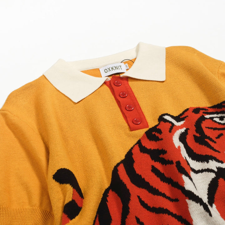 Men's yellow tiger Jacquard vintage knit polo shirt