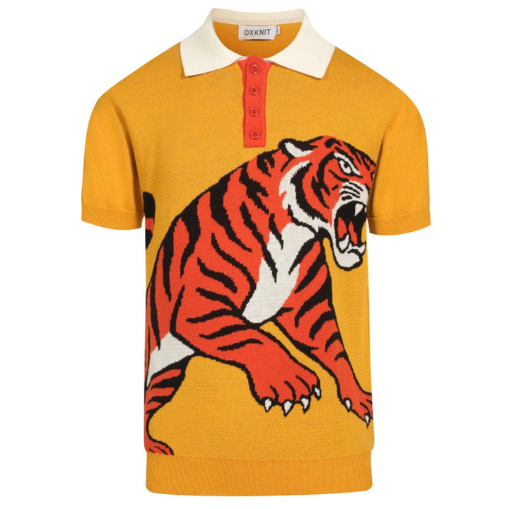 Men's yellow tiger Jacquard vintage knit polo shirt