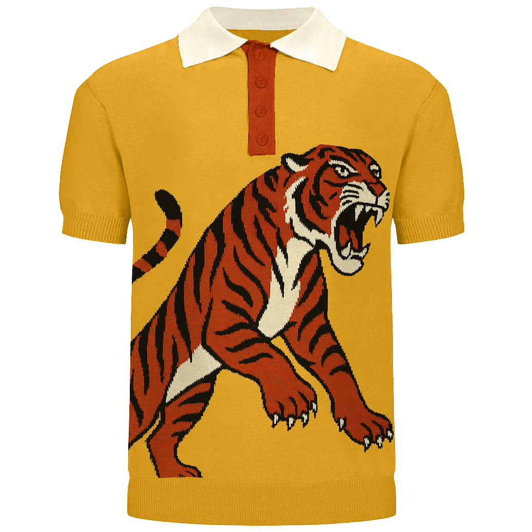 Men's yellow tiger Jacquard vintage knit polo shirt