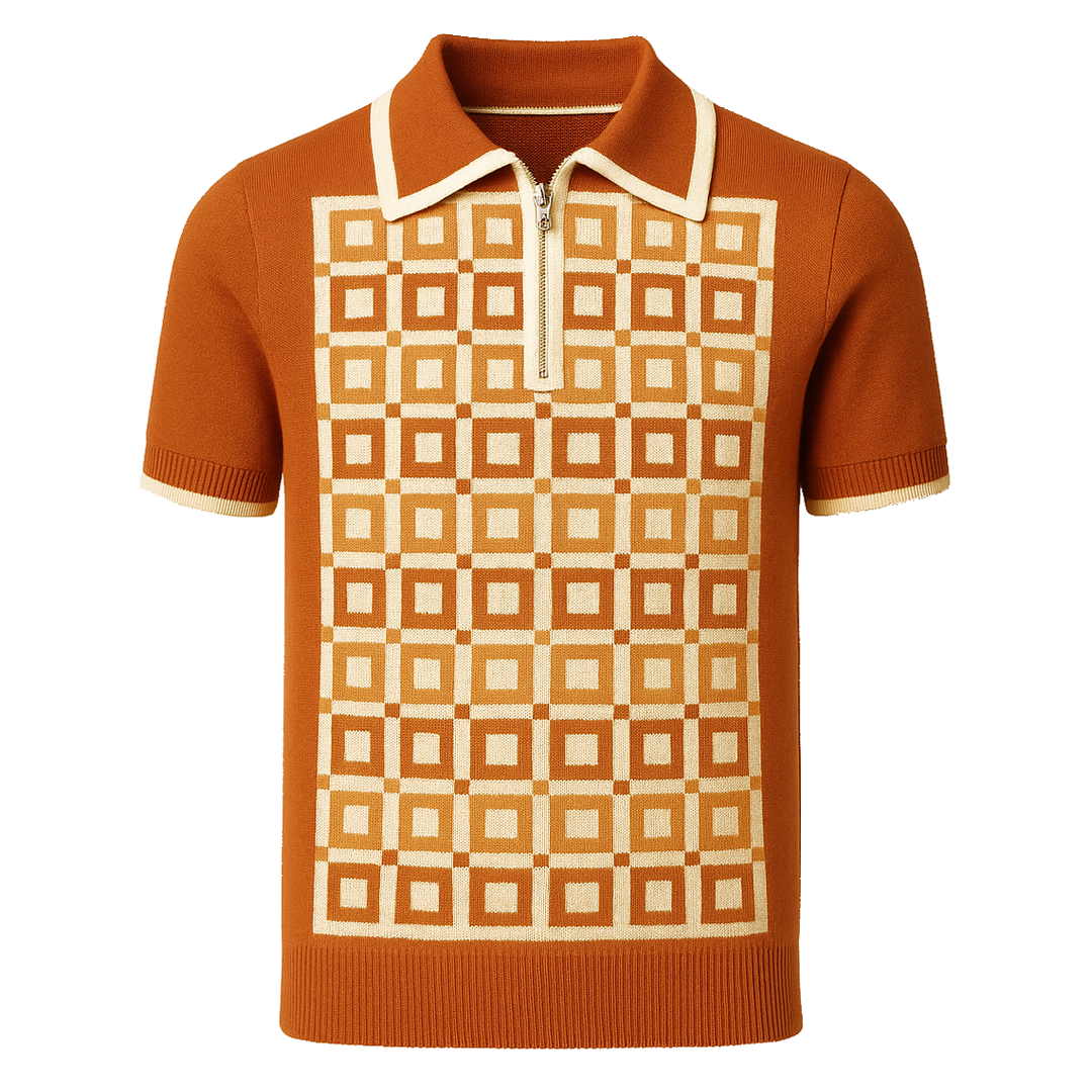 Men's orange vintage jacquard casual knit polo shirt