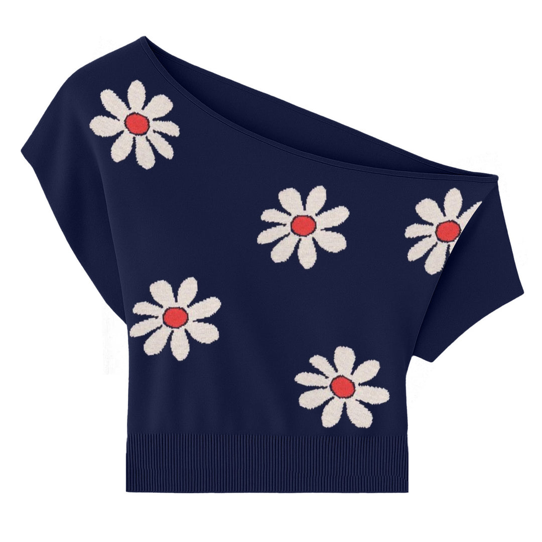 Women's navy knit T-shirt with diagonal shoulder - short version size