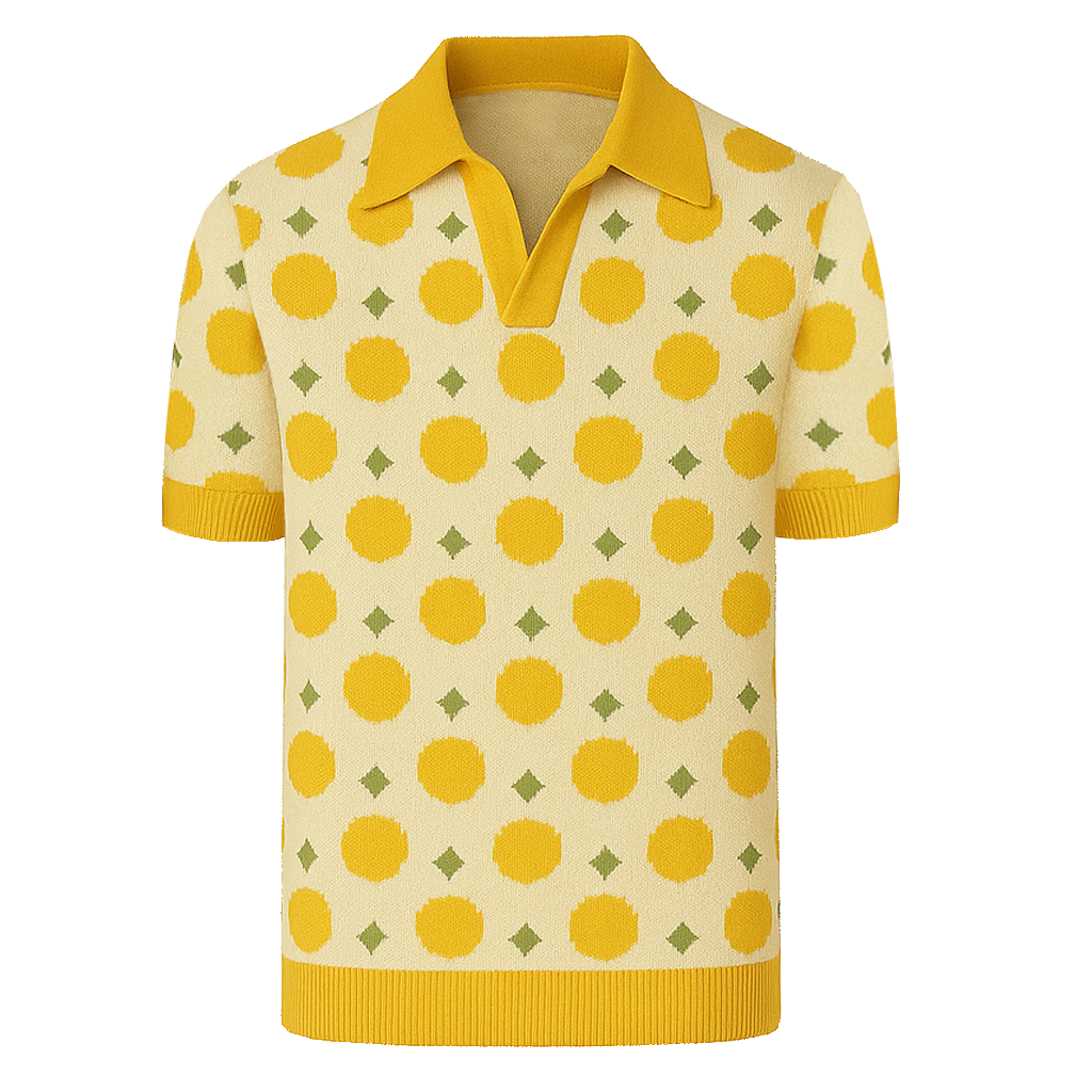 Men's yellow fruit jacquard vintage knitted polo shirt