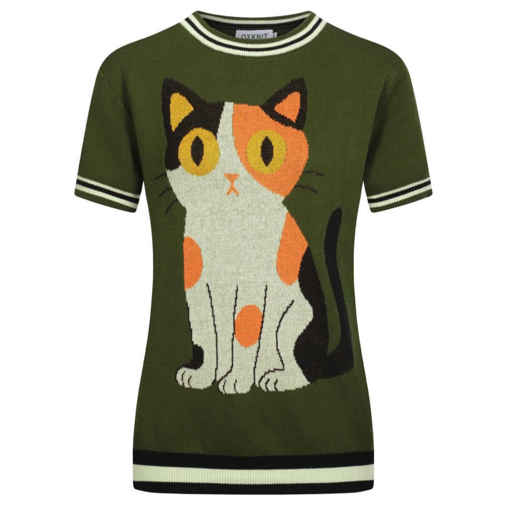 Women's green cat jacquard knitted T-shirt