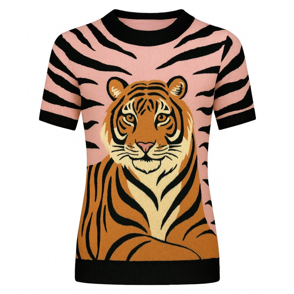 Women's pink zebra print tiger jacquard knitted T-shirt