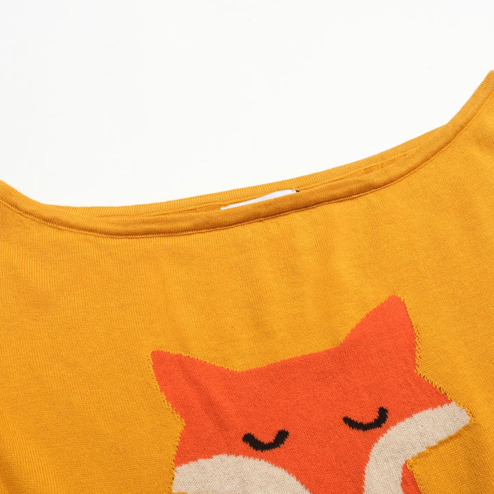 Women's fox jacquard knit diagonal shoulder knit T-shirt - short version size