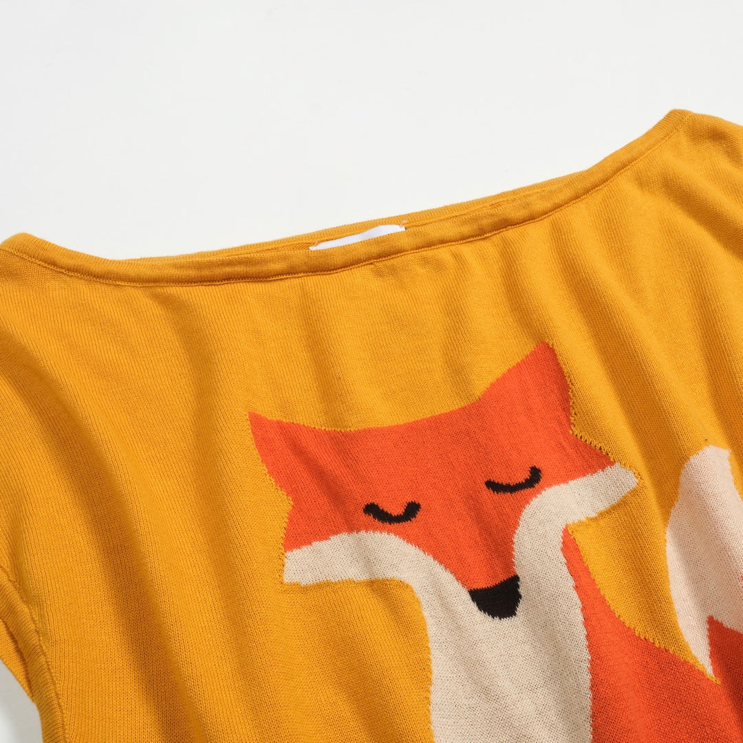 Women's fox jacquard knit diagonal shoulder knit T-shirt - short version size