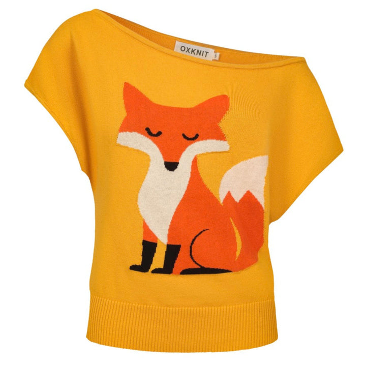 Women's fox jacquard knit diagonal shoulder knit T-shirt - short version size