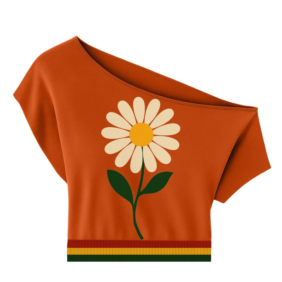 Frauen florales Jacquard Strick-Sweed-Schulter-T-Shirt-Kurzversion Größe