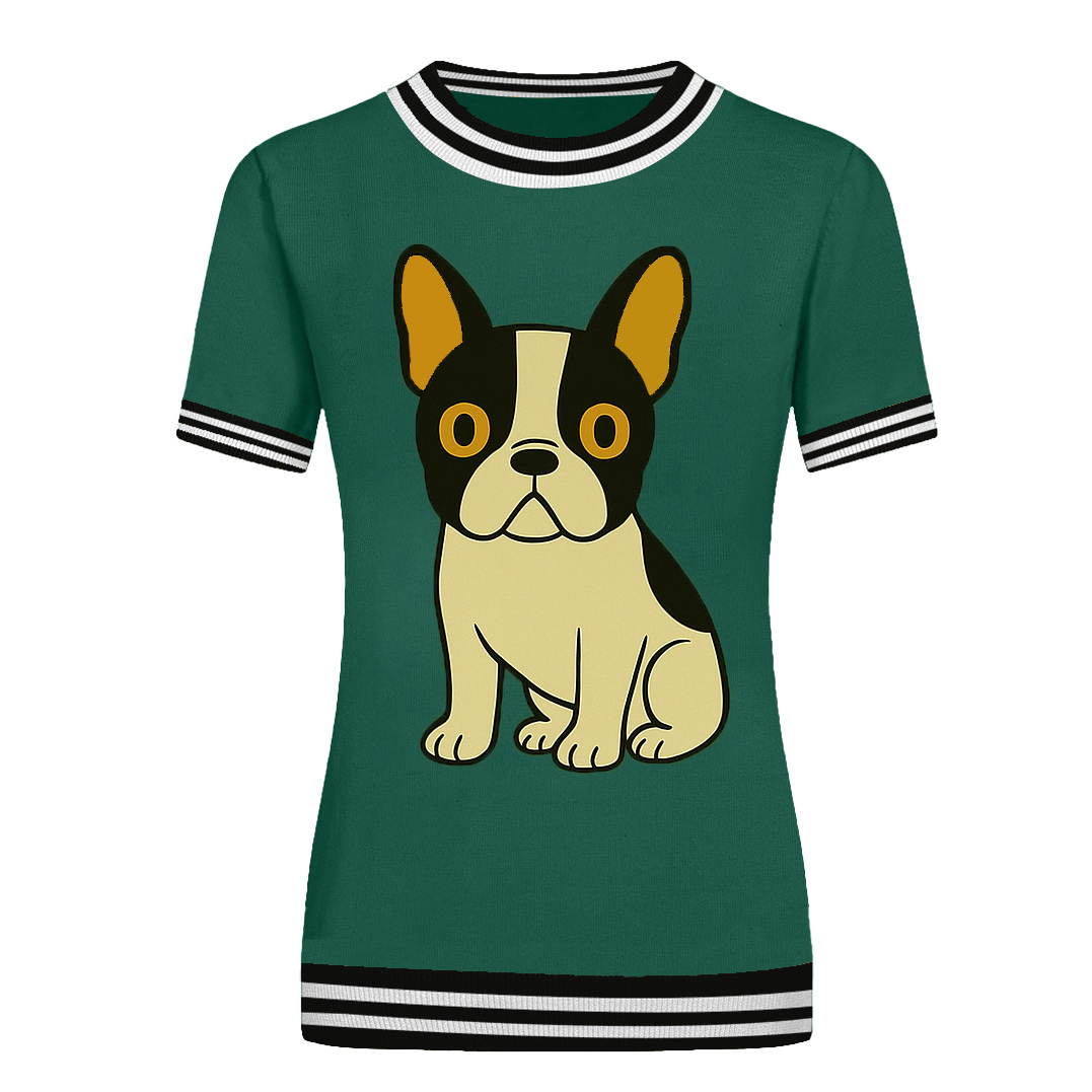 Women's vintage French Bulldog dog jacquard knit T-shirt