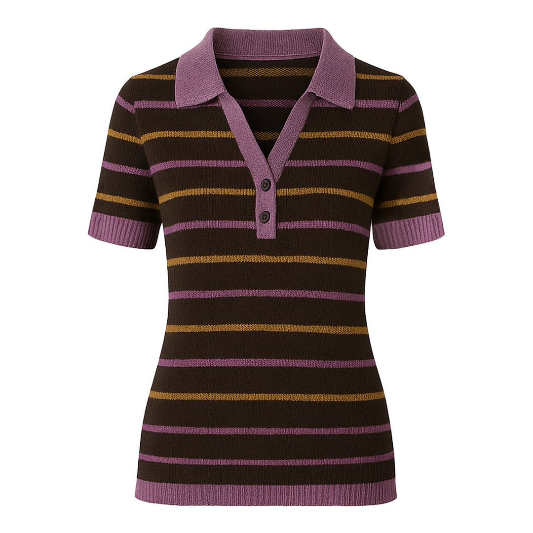 Women's brown striped jacquard V-neck polo