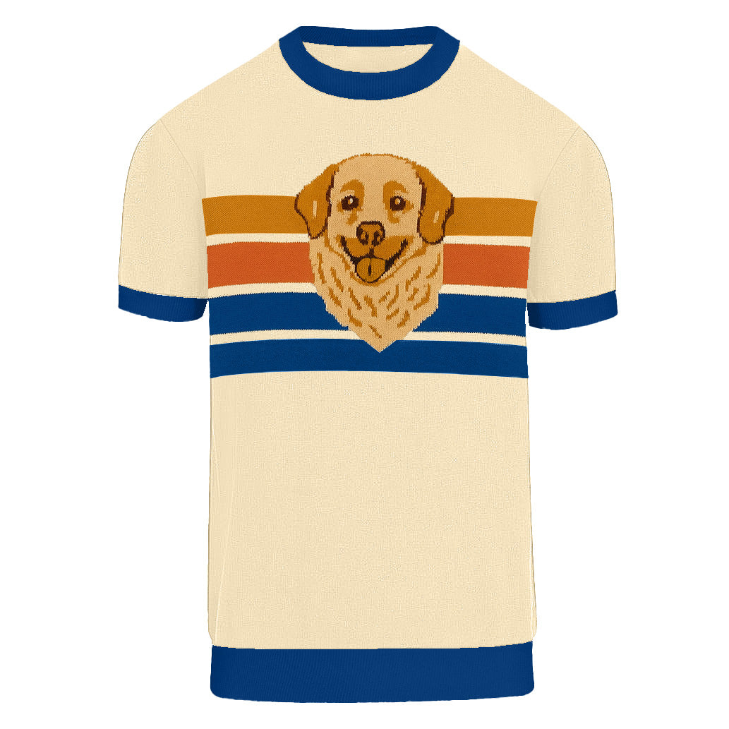 Men's blue striped dog jacquard vintage knit T-shirt