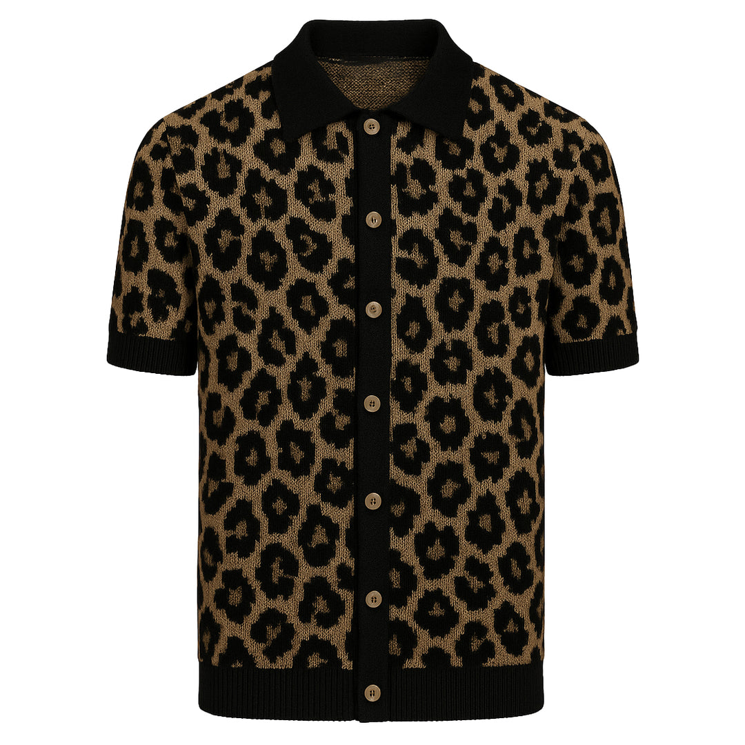 Men's brown leopard print vintage jacquard knitted cardigan
