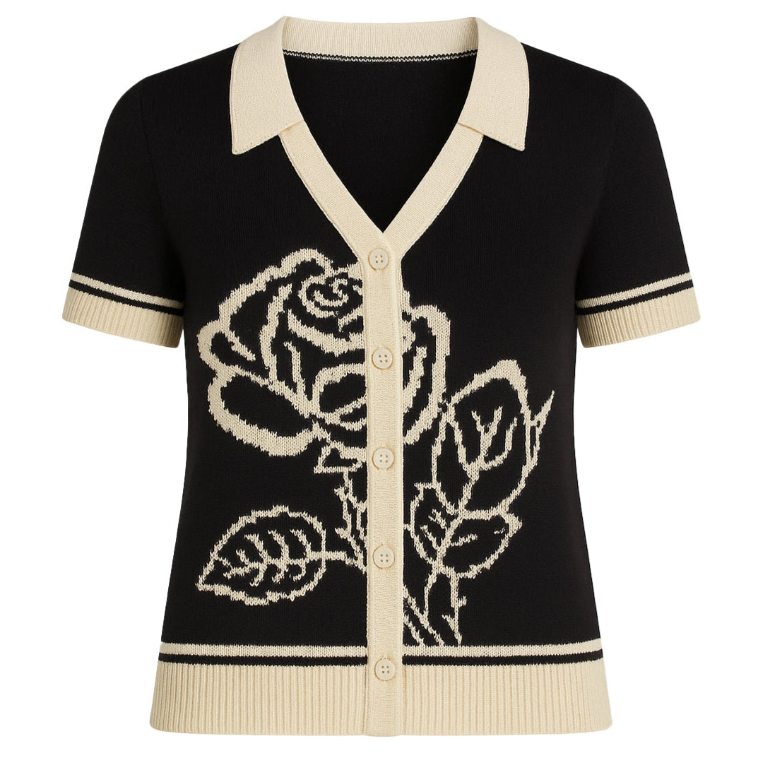 Women's black fashion vintage floral jacquard knitted cardigan