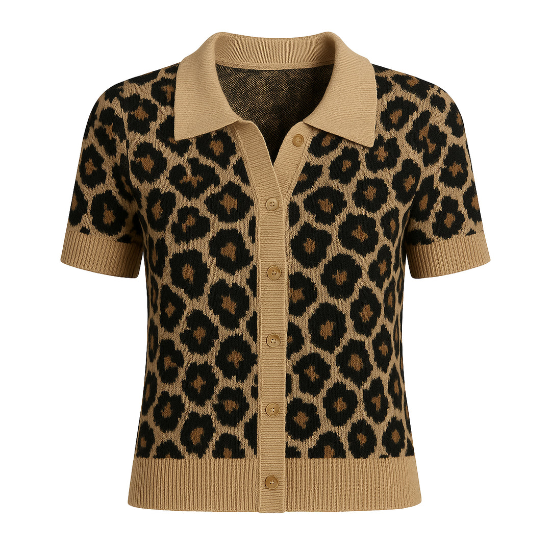 Women's khaki leopard print vintage jacquard cardigan