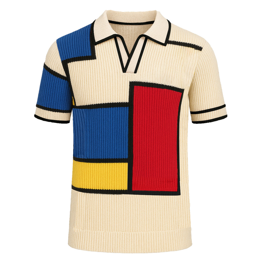 Men's multi-color color-blocking knitted V-neck polo shirt