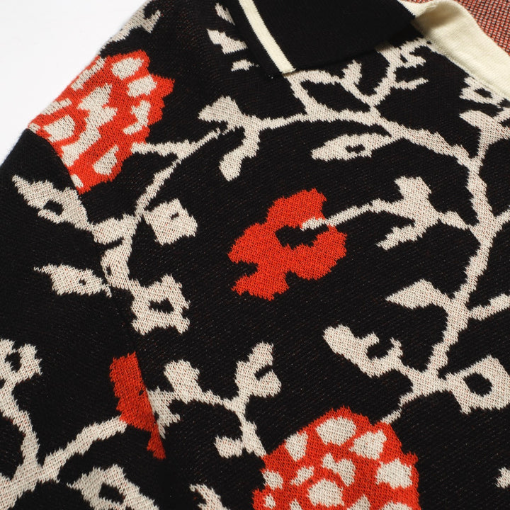 Polo da uomo in maglia con scollo a V retrò floreale nera
