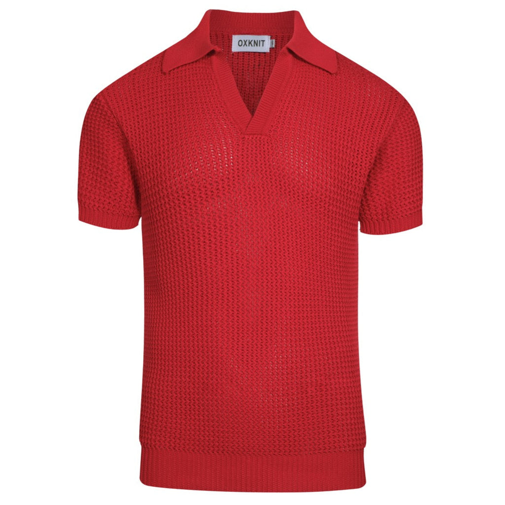 Men's red retro casual V-neck knitted polo shirt – OXKnit