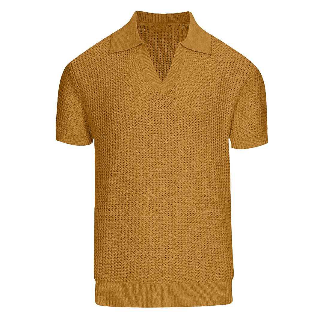 Men's khaki retro casual V-neck knitted polo shirt