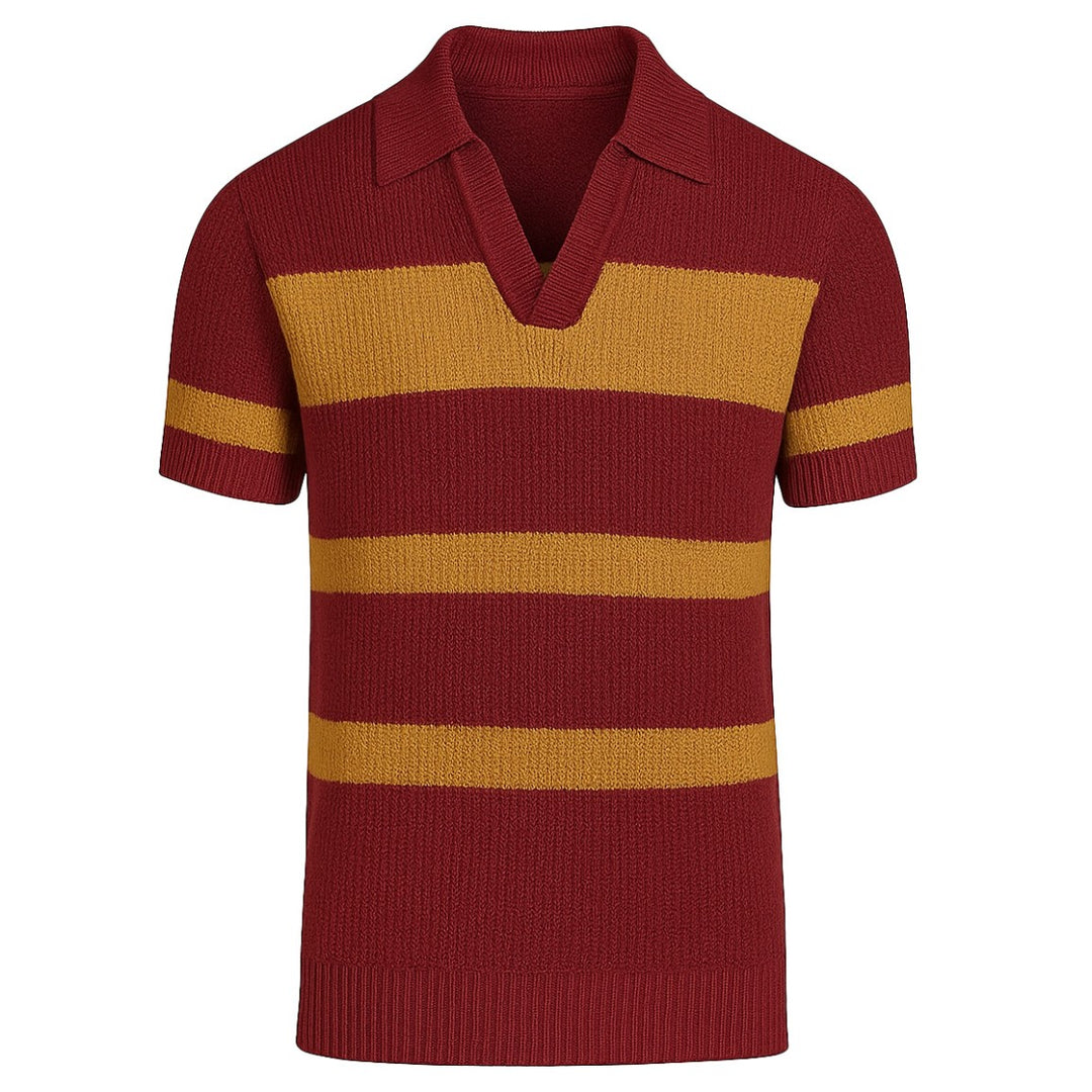 Men's red vintage striped V-neck knitted polo shirt