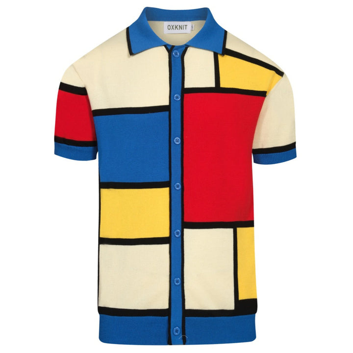 Men's blue retro color-blocked knitted cardigan