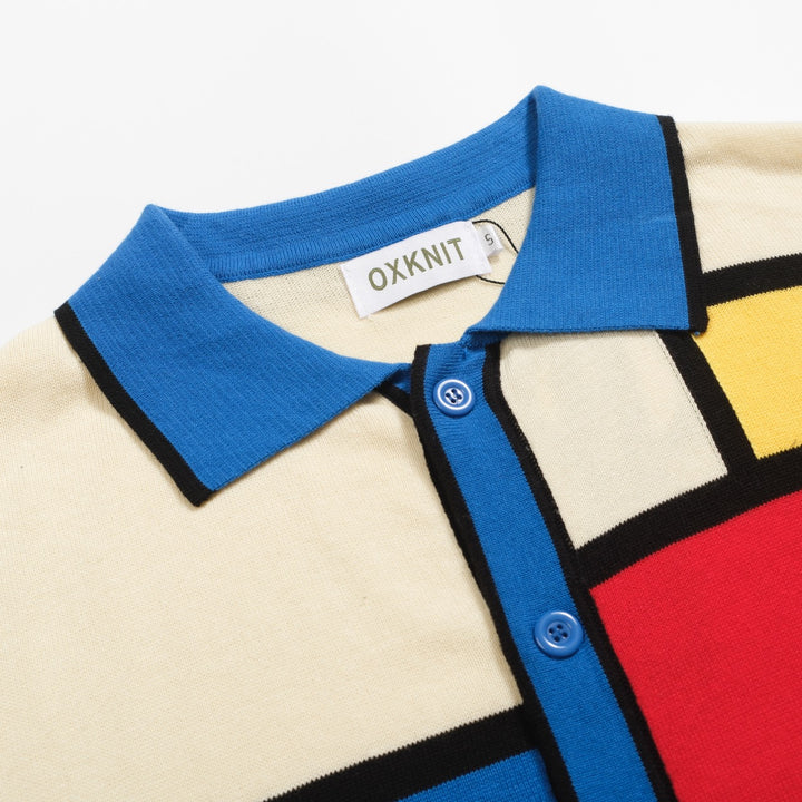 Men's blue retro color-blocked knitted cardigan
